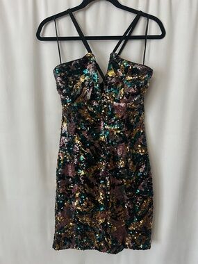 Dress the Population Sexy Black Sequins Strappy Cocktail Mini Dress **Size M**🔥🔥